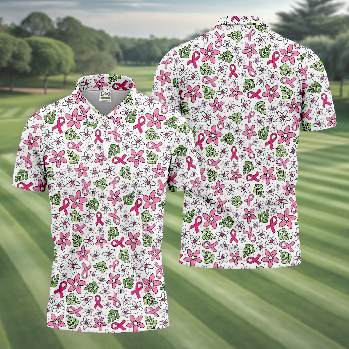 Breast Cancer Awareness Ribbon Flower Men Shirt, Cancer Awareness Shirt, Polo Shirts For Men