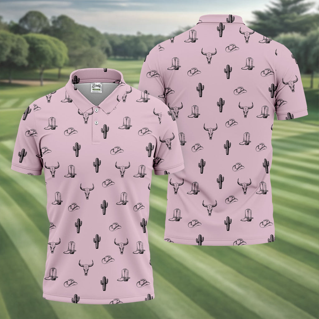Wild West Cactus Pink Lavender Western Golf Shirt, Golf Tops For Men, Polo Shirts For Men, Golfing Apparel