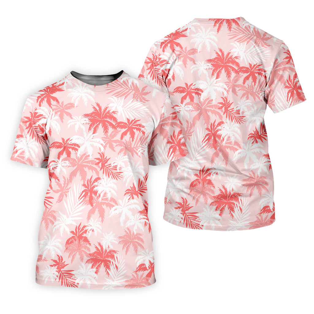 Palm Leaves Print Tropical Pink Golf Tops For Men, Hawaiian Golf Shirts, Polo Shirts For Men
