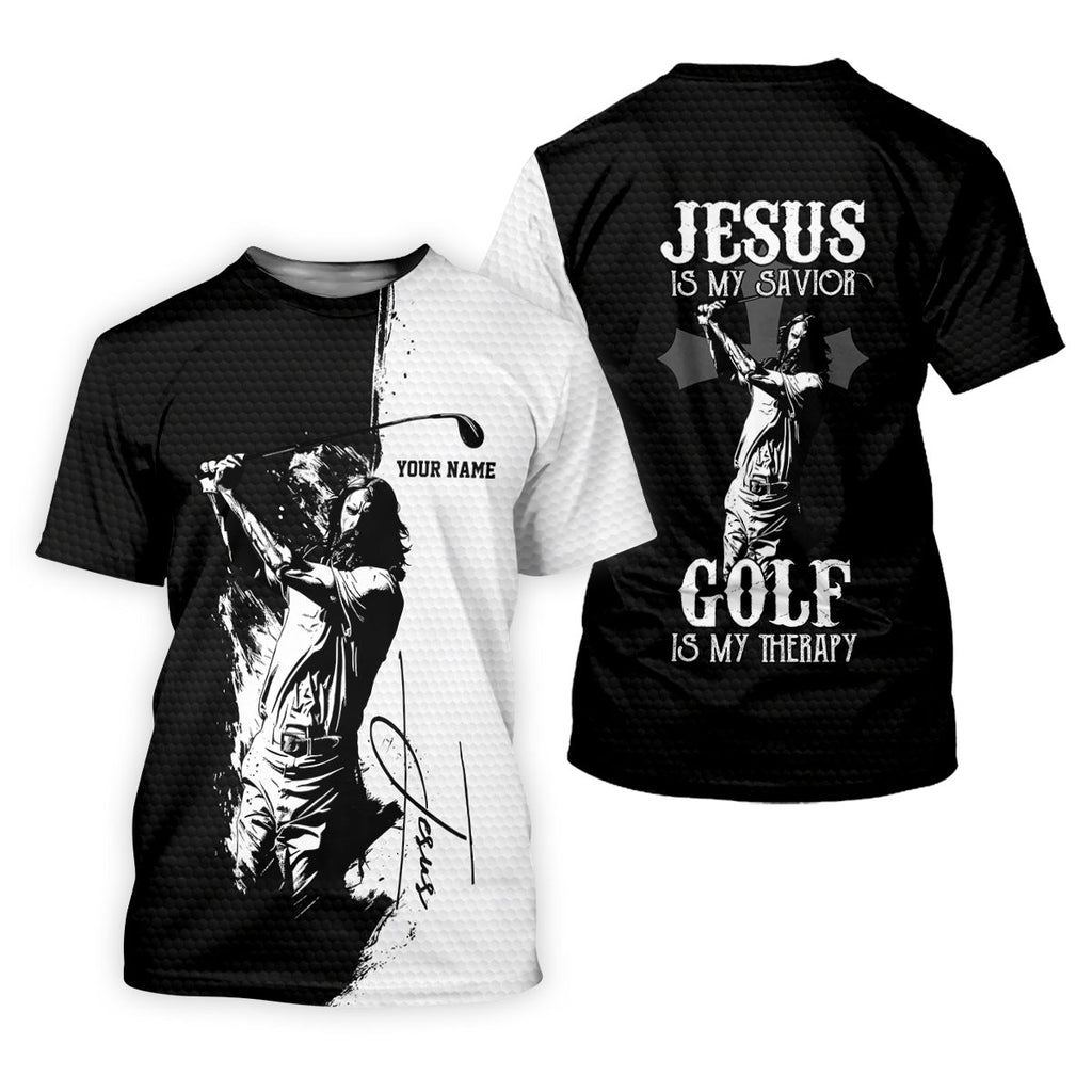 Jesus Is My Savior Golf Is My Therapy Christian Golf Shirt, Black And White Golf Polo, Polo Shirts For Men