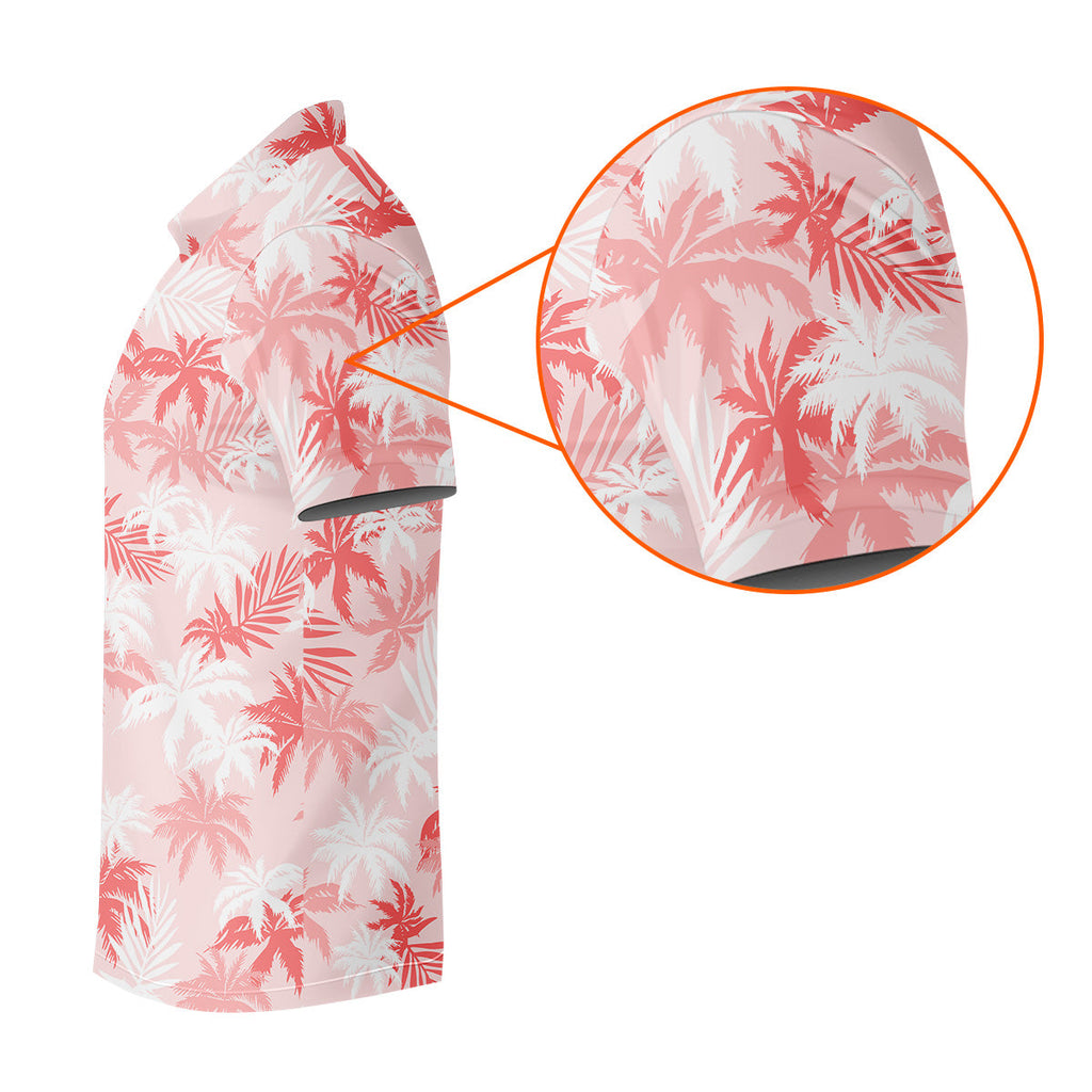 Palm Leaves Print Tropical Pink Golf Tops For Men, Hawaiian Golf Shirts, Polo Shirts For Men