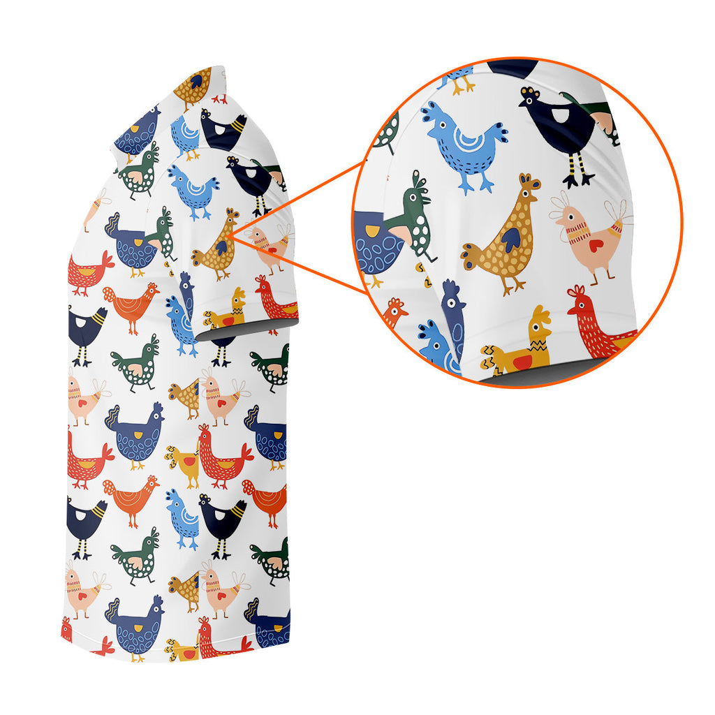 Colorful Animated Chickens White Polo Shirt Mens, Fun Golf Shirts For Men, Gift For Chicken Lover