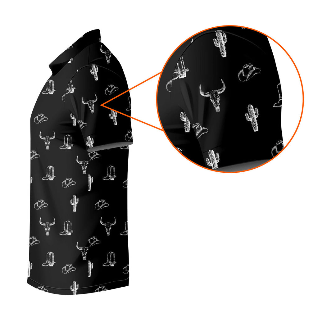 Wild West Cactus Black Western Golf Shirt, Golf Tops For Men, Polo Shirts For Men, Golfing Apparel