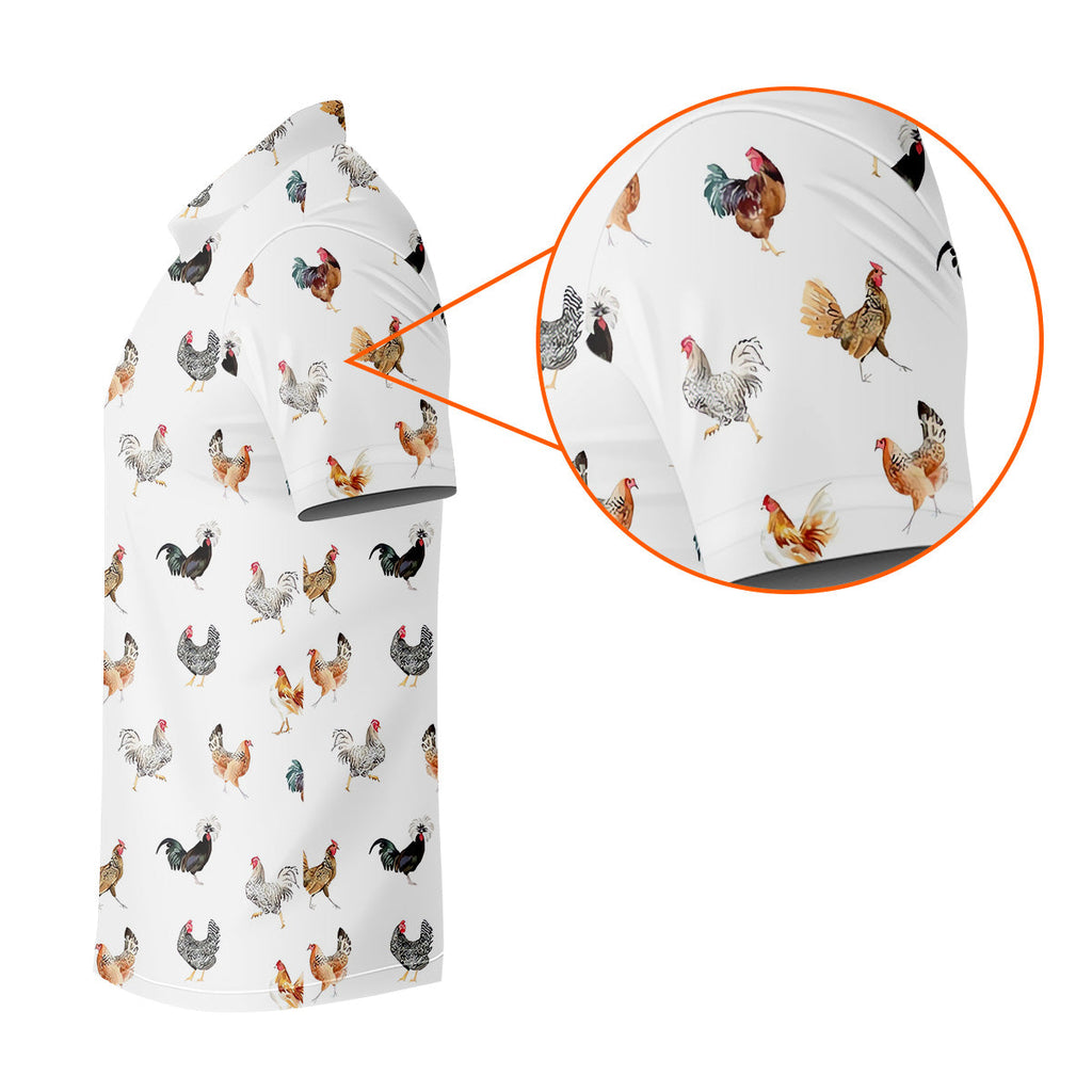 Prancing Chickens Men's White Golf Polo, Gift For Chicken Lover, Polo Shirts For Men, Golfing Apparel