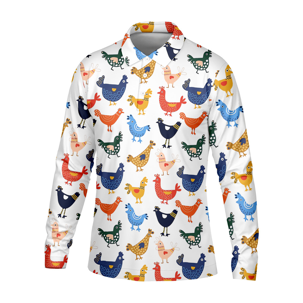 Colorful Animated Chickens White Polo Shirt Mens, Fun Golf Shirts For Men, Gift For Chicken Lover