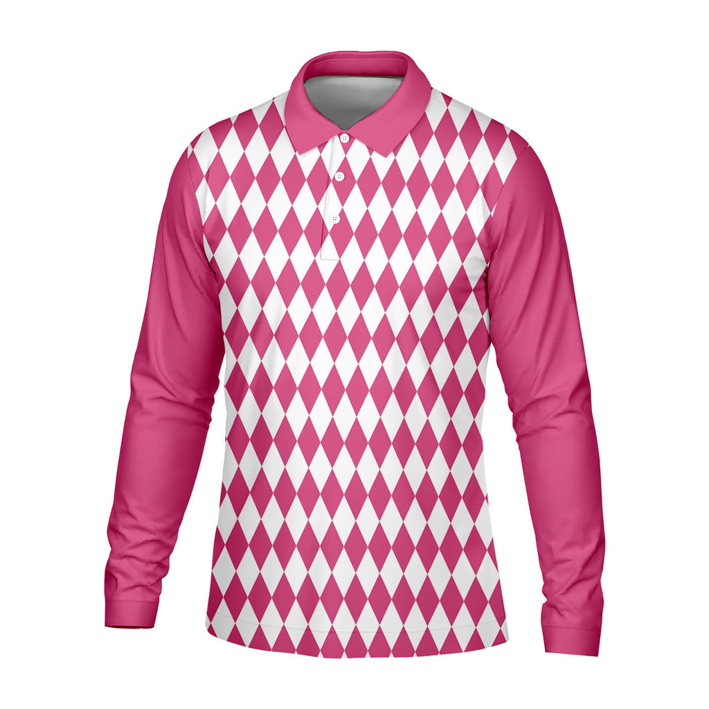White And Pink Argyle Pattern Men Polo, Polo Shirts For Men, Golf Gift For Men, Golfing Apparel