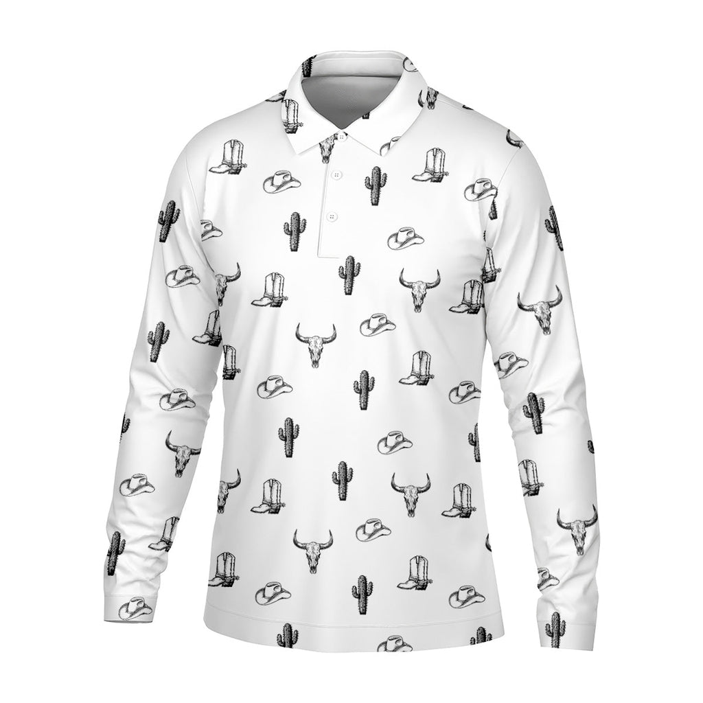 Wild West Cactus White Western Golf Shirt, Golf Tops For Men, Polo Shirts For Men, Golfing Apparel