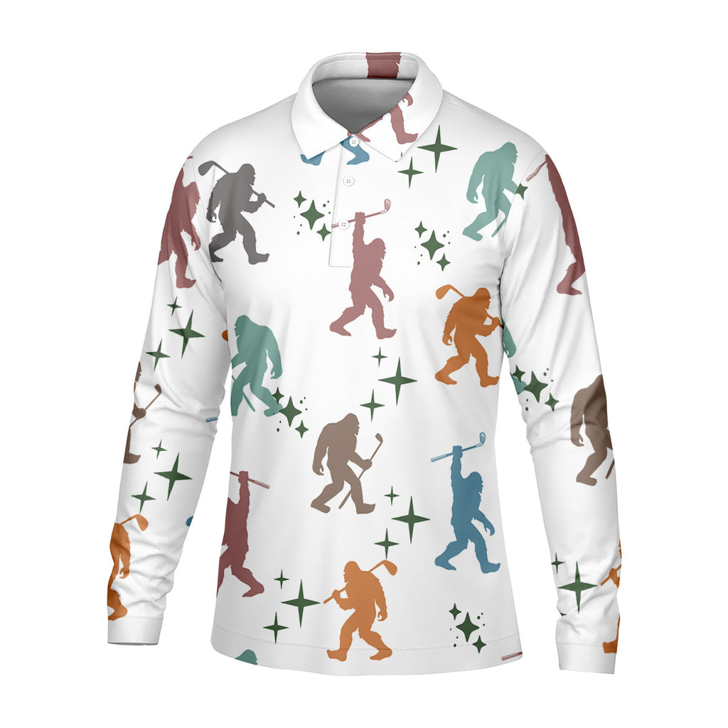 Colorful Bigfoot Silhouette Pattern Men's Funny Golf Shirts, Unique Gift For Golfer, Polo For Men
