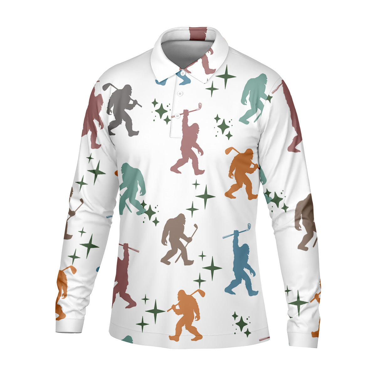 Colorful Bigfoot Silhouette Pattern Men's Funny Golf Shirts, Unique Gift For Golfer, Polo For Men