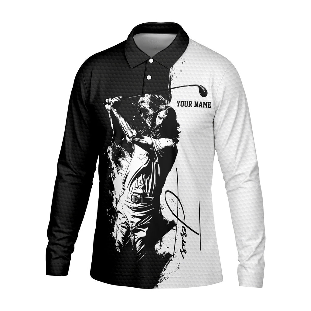 Jesus Is My Savior Golf Is My Therapy Christian Golf Shirt, Black And White Golf Polo, Polo Shirts For Men