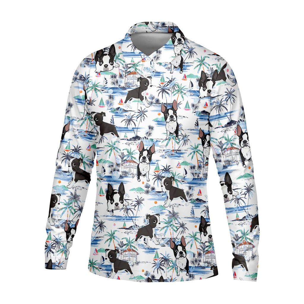 Boston Terrier Ocean Vibe White Tropical Golf Shirts, Men's Funny Golf Shirts, Gifts For Dog Lovers