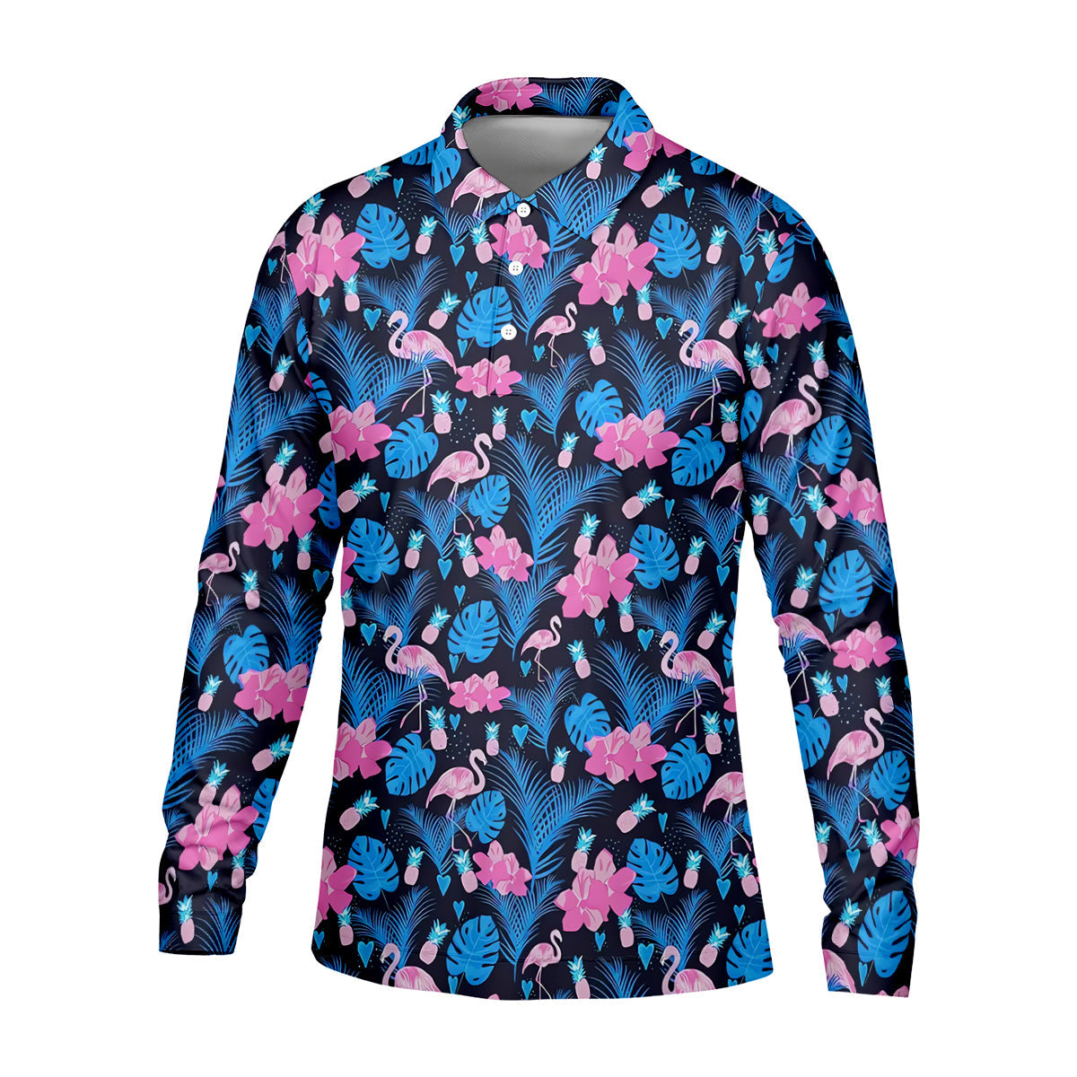 Flamingo Pink Pink And Blue Tropical Golf Shirts, Polo Shirts For Men, Golf Gift For Men, Golfing Apparel