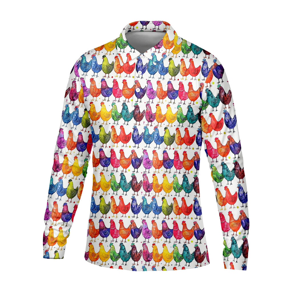 Whimsical Chicken Colorful Golf Shirt, Cute Golf Outfit, Polo Shirts For Men, Golfing Apparel