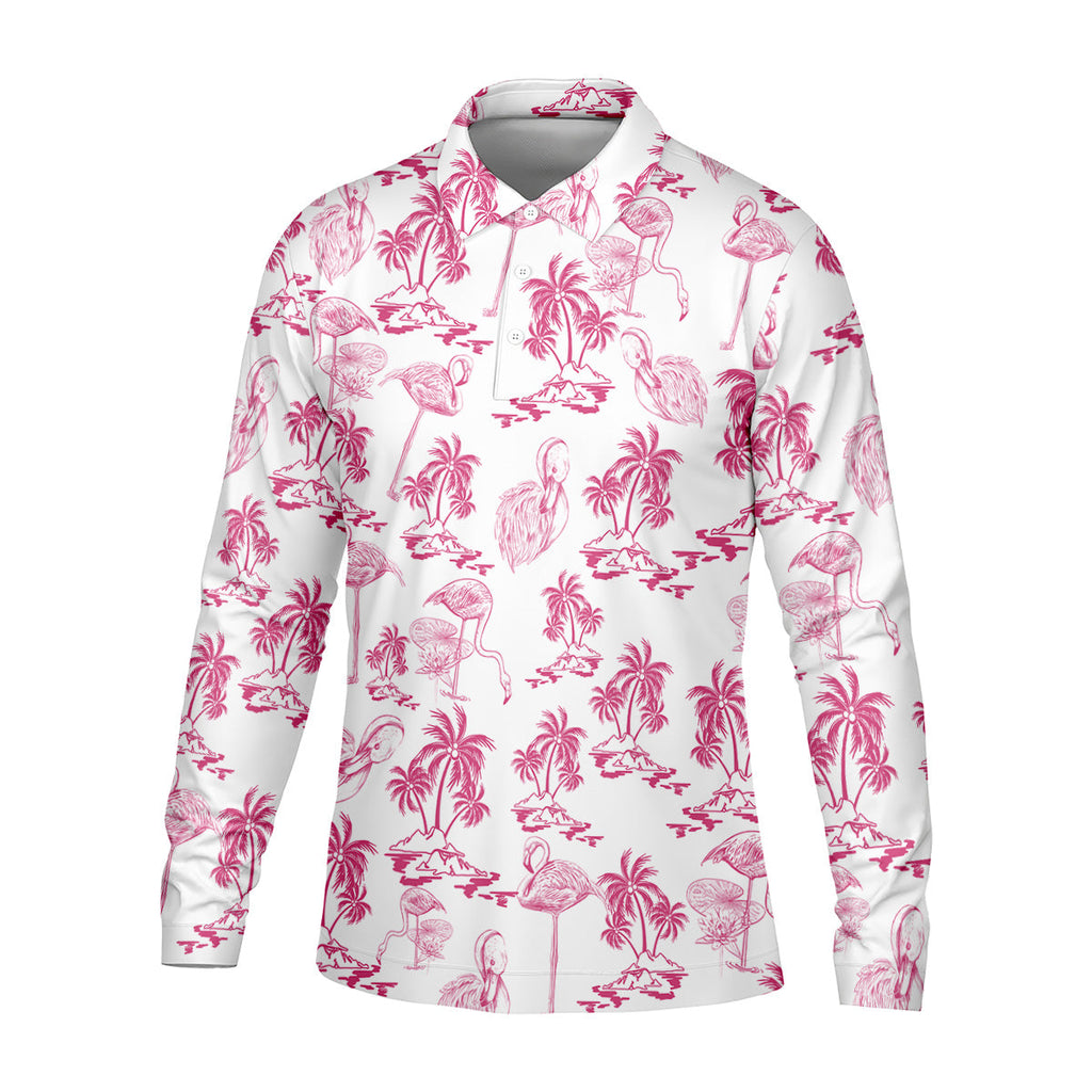 White And Pink Flamingo Tropical Men Polo, Polo Shirts For Men, Golf Gift For Men, Golfing Apparel