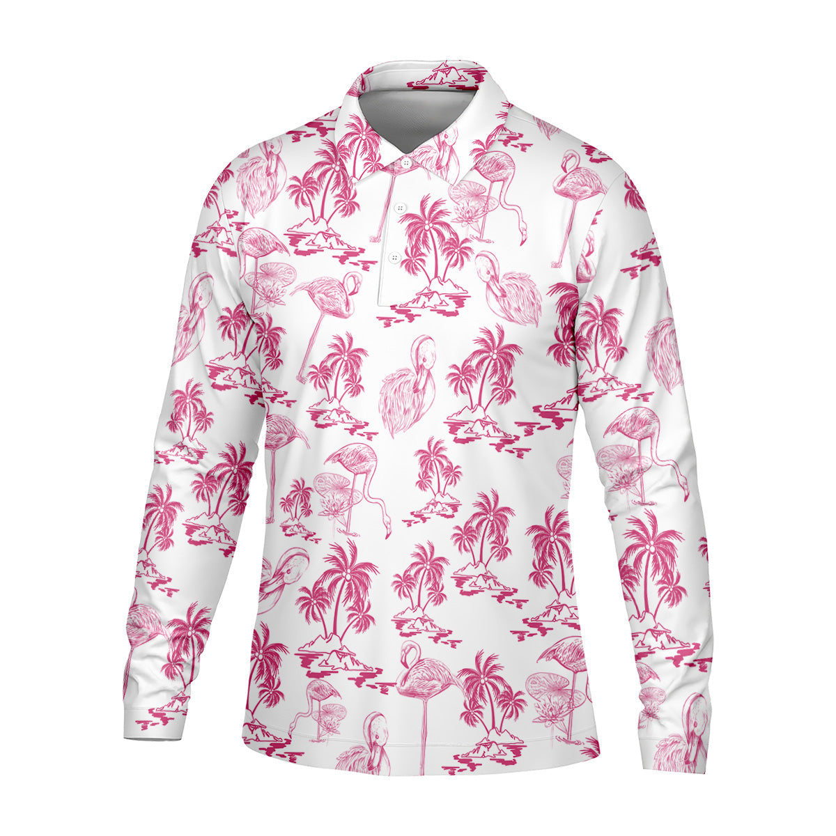White And Pink Flamingo Tropical Men Polo, Polo Shirts For Men, Golf Gift For Men, Golfing Apparel