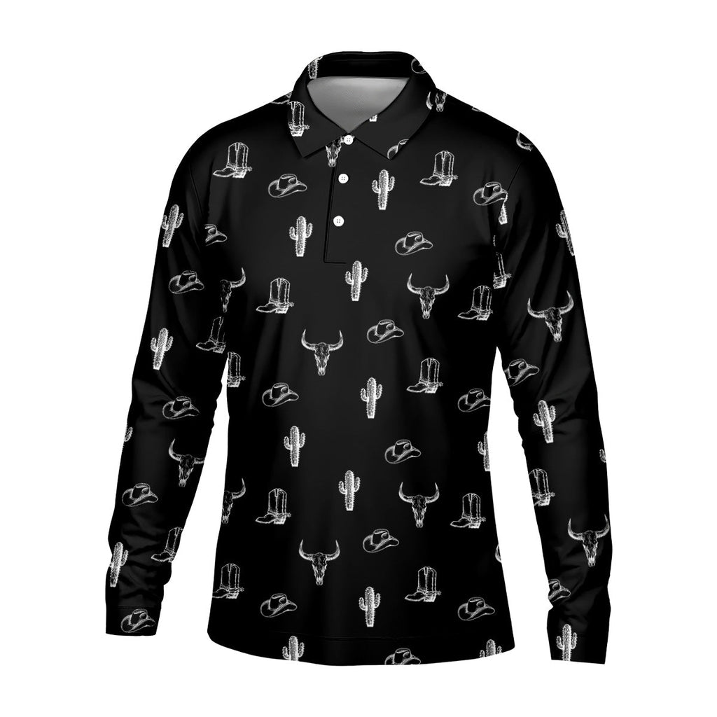 Wild West Cactus Black Western Golf Shirt, Golf Tops For Men, Polo Shirts For Men, Golfing Apparel