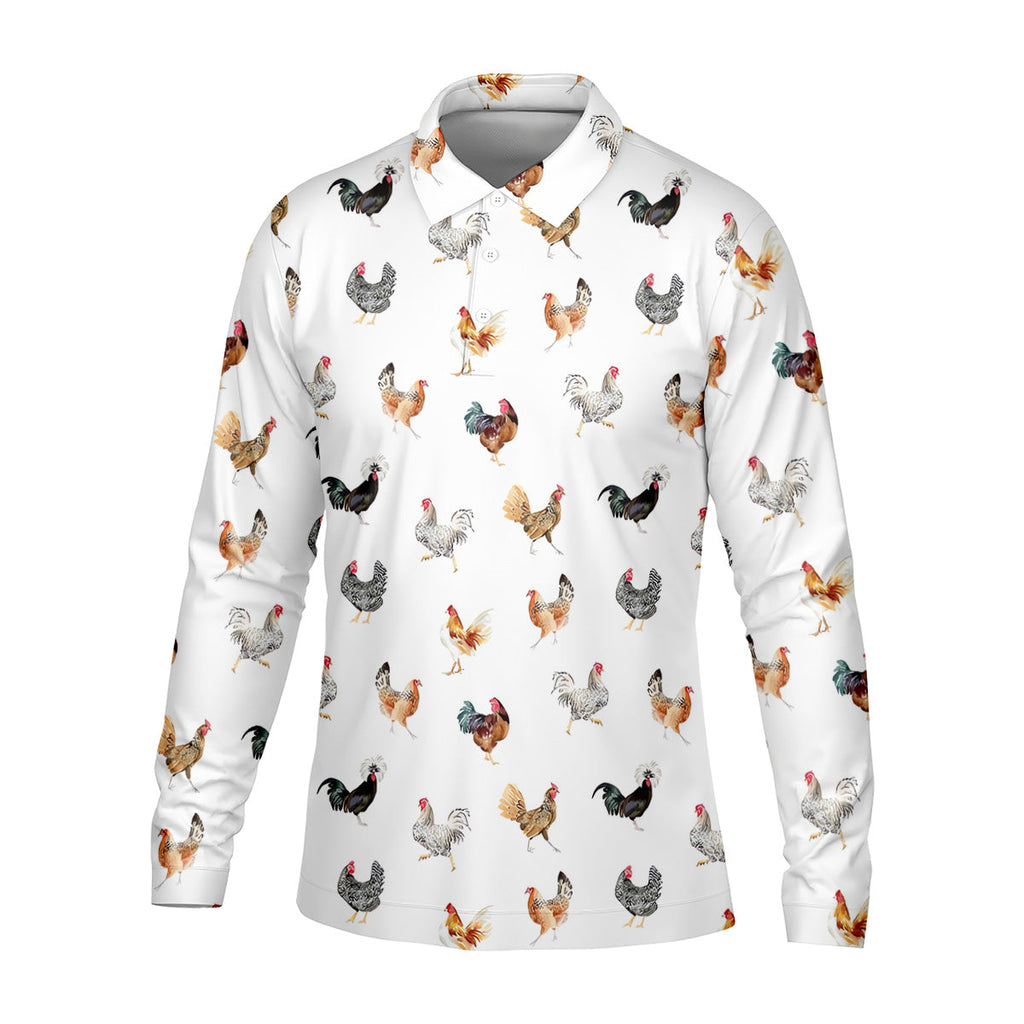 Prancing Chickens Men's White Golf Polo, Gift For Chicken Lover, Polo Shirts For Men, Golfing Apparel