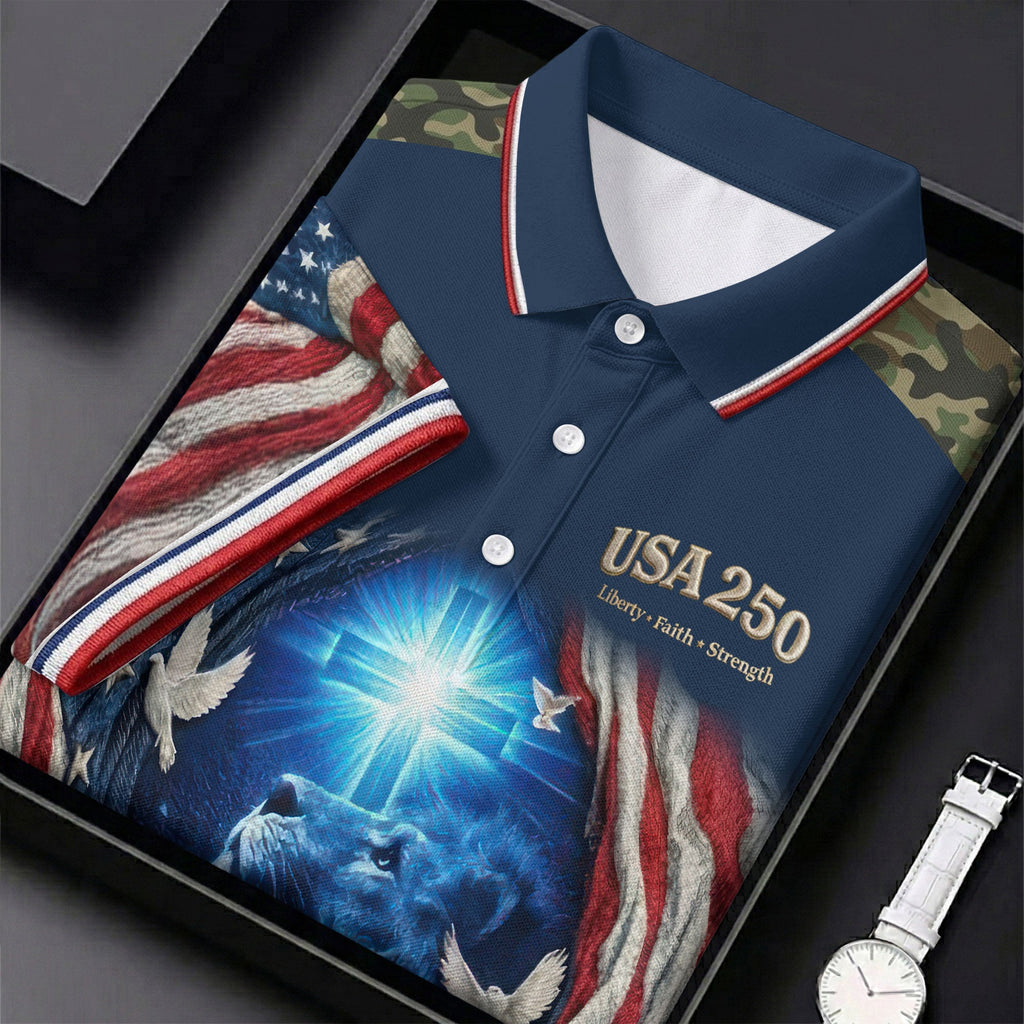 One Nation Under God Faith Cross USA 250 Navy Camo Golf Shirt, 4th Of July Golf Shirts For Men