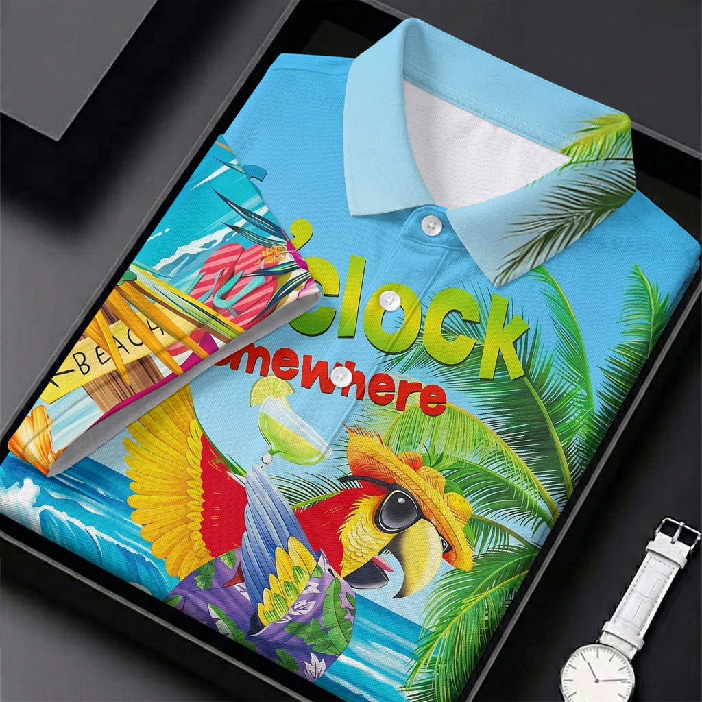 It's 5 O'Clock Somewhere Tropical Parrot Hawaiian Golf Shirt, Men's Funny Golf Shirts