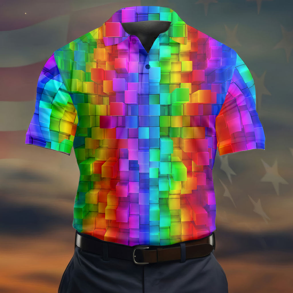 Rainbow Cube 3D Effect LGBT Support Golf Tops For Men, Gay Pride Month Celebrate Golf Shirts For Men