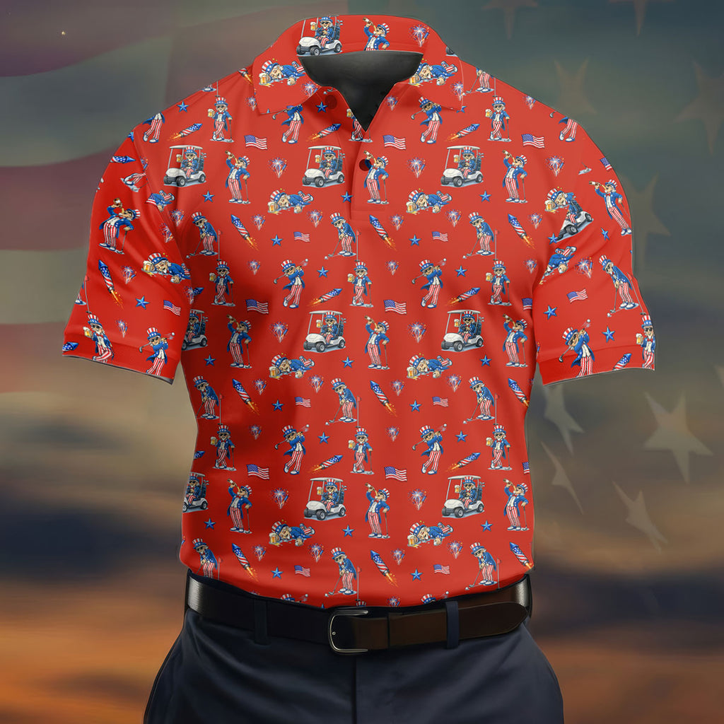 Patriotic Man Golf And Beer Funny 4th Of July Red Golf Shirt, 250 Years Seamless Pattern Golf Shirts For Men