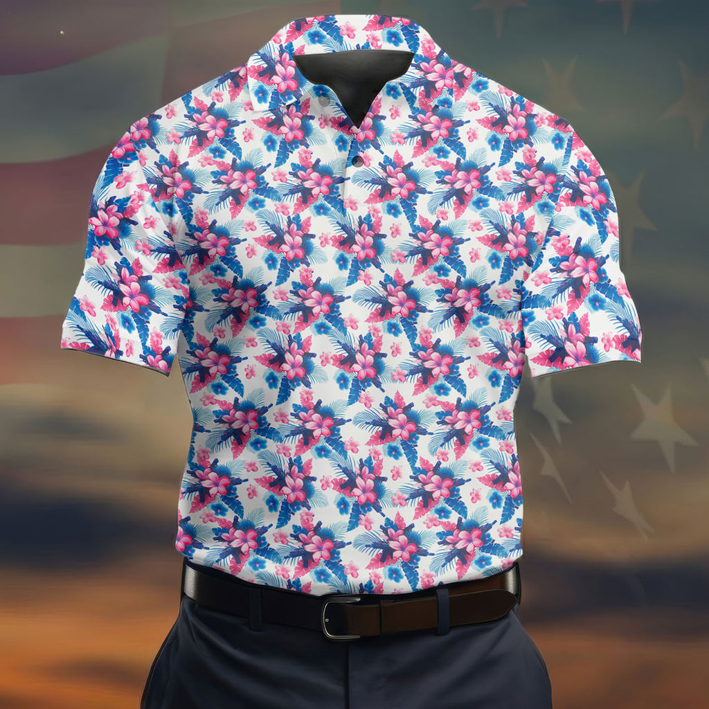 Pink Blue Tropical Floral Hawaiian Golf Shirt, Vibrant Color Golf Shirts For Men