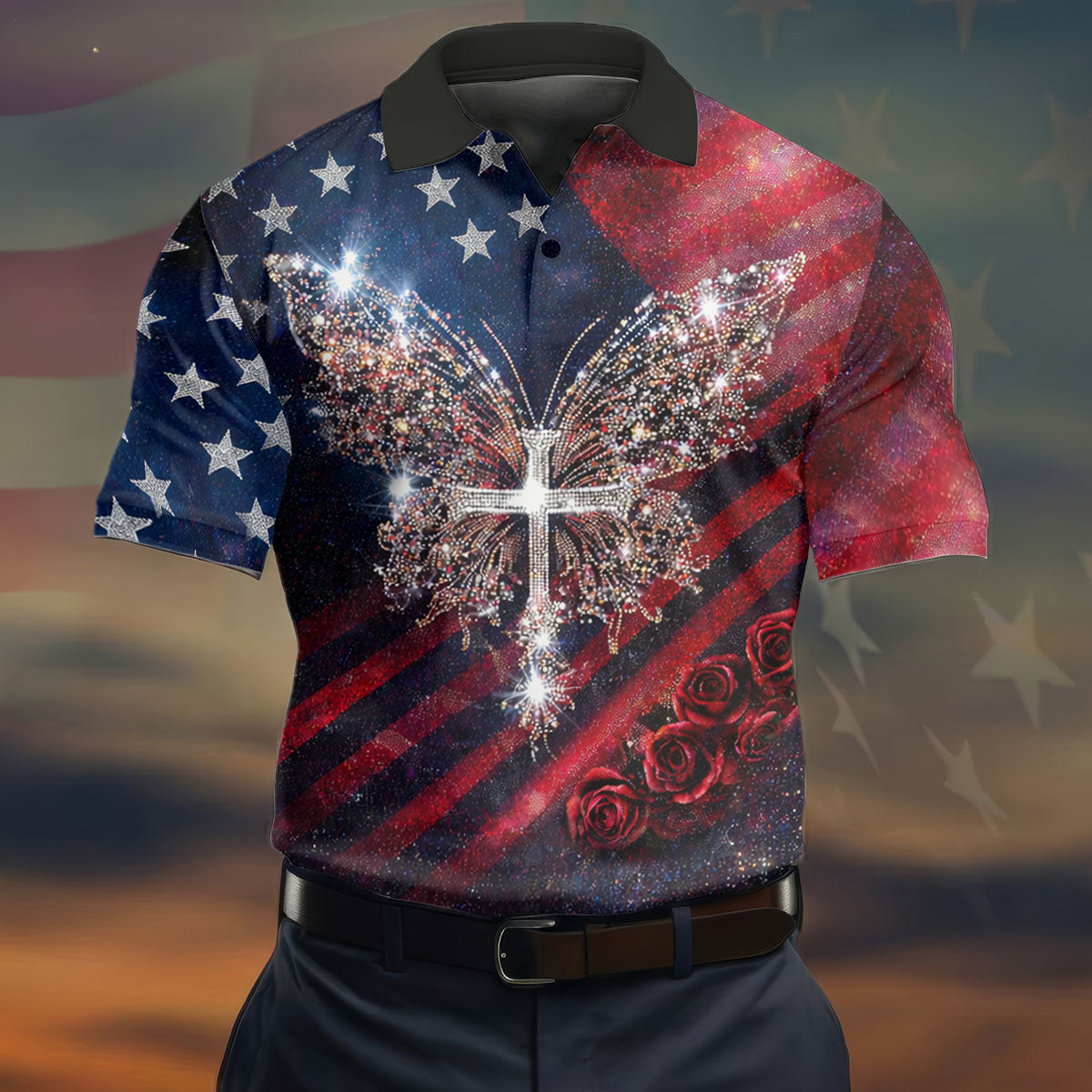 Vintage Faith Rhinestone Butterfly American Flag Golf Shirt, 250 Years Patriotic 4th Of July Golf Shirts For Men