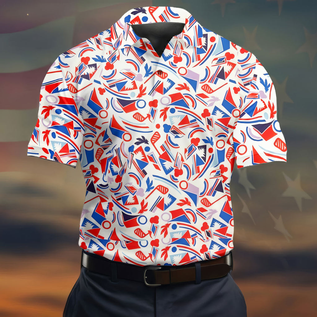 Red White Blue Golf Pattern Patriotic Golf Shirt, 250 Years Of Freedom 4th Of July Golf Shirts For Men
