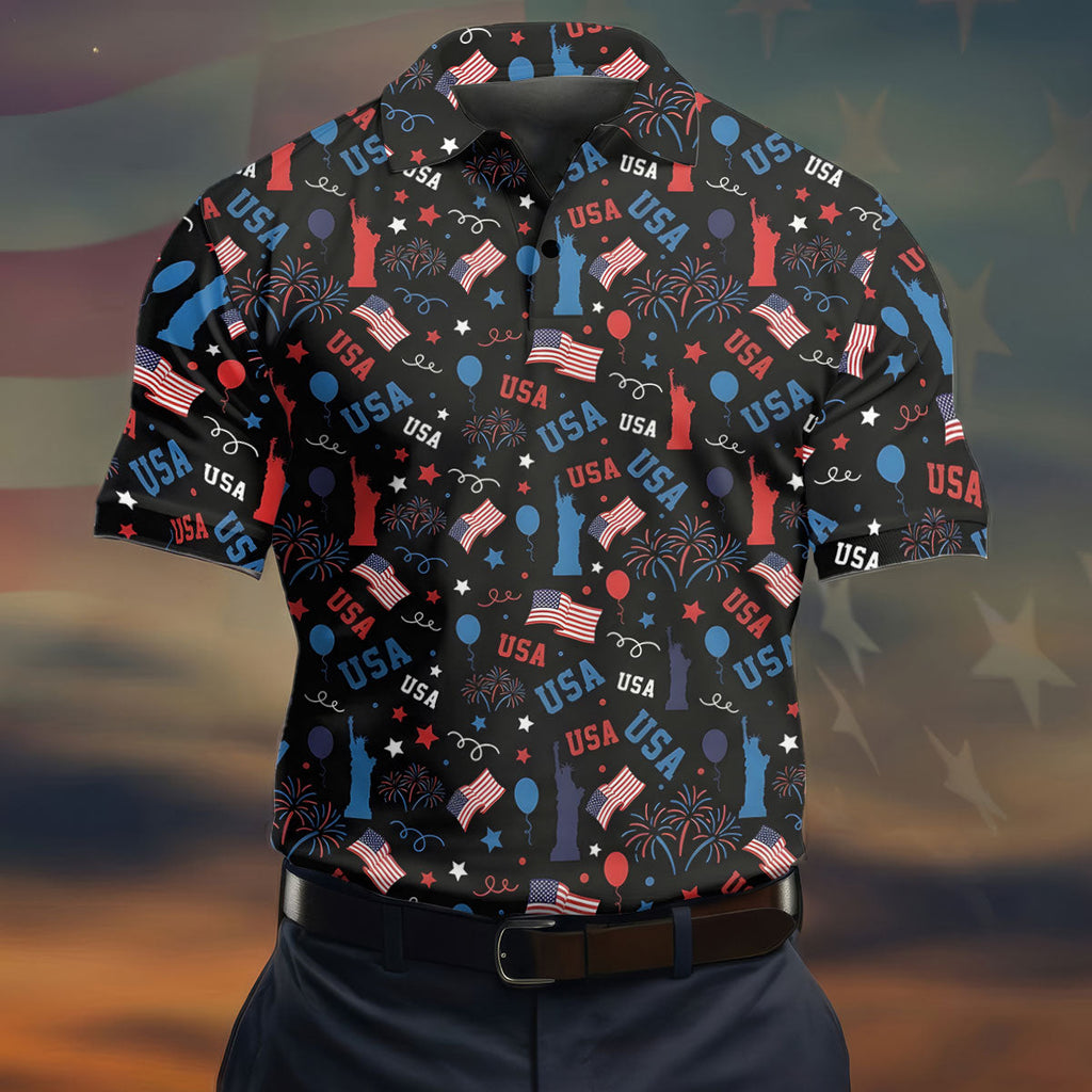 USA Red White Blue Seamless Pattern Black Golf Shirt, 250th Anniversary Patriotic 4th Of July Golf Shirts For Men