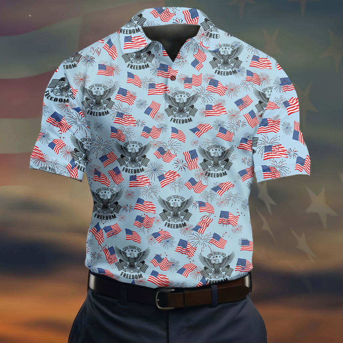 250 Years Of Freedom Festive Flag Vintage Blue Golf Shirt, Patriotic 4th Of July Golf Shirts For Men