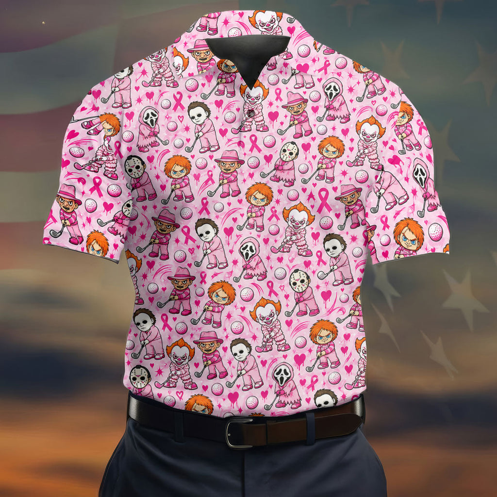 Halloween Horror Character Breast Cancer Polo Shirt, Mens Golf Shirts, Mens Golf Apparel