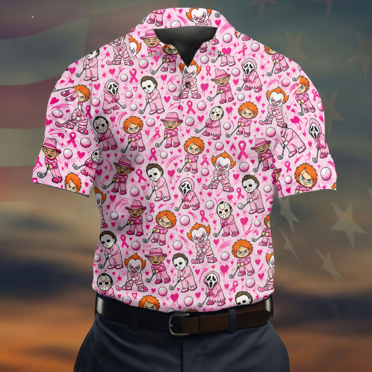 Halloween Horror Character Breast Cancer Polo Shirt, Mens Golf Shirts, Mens Golf Apparel