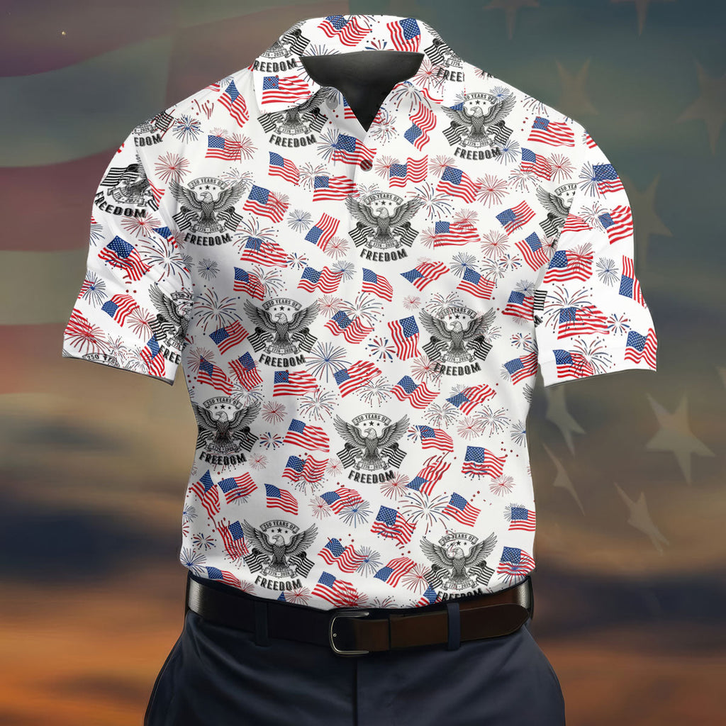 250 Years Of Freedom Festive Flag Vintage White Golf Shirt, Patriotic 4th Of July Golf Shirts For Men