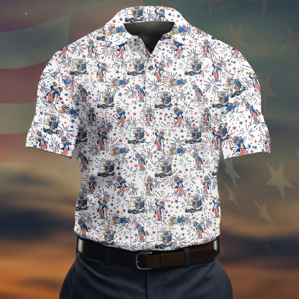 Patriotic Theme Golf And Beer Funny 4th Of July Golf Shirt, 250 Years Seamless Pattern Golf Shirts For Men