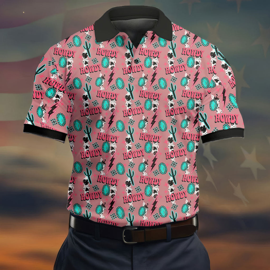 Howdy Pink Lightning Bolts Western Theme Golf Tops For Men, Polo Shirts For Men, Golf Shirts For Men