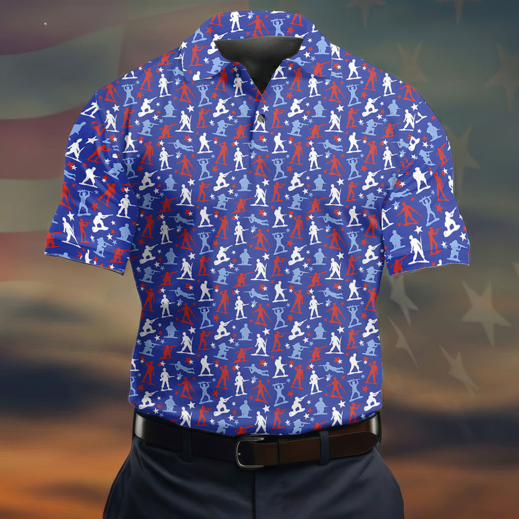 Red White Blue Soldier Pose Patriotic 4th Of July Golf Shirt, 250th Anniversary Golf Shirts For Men