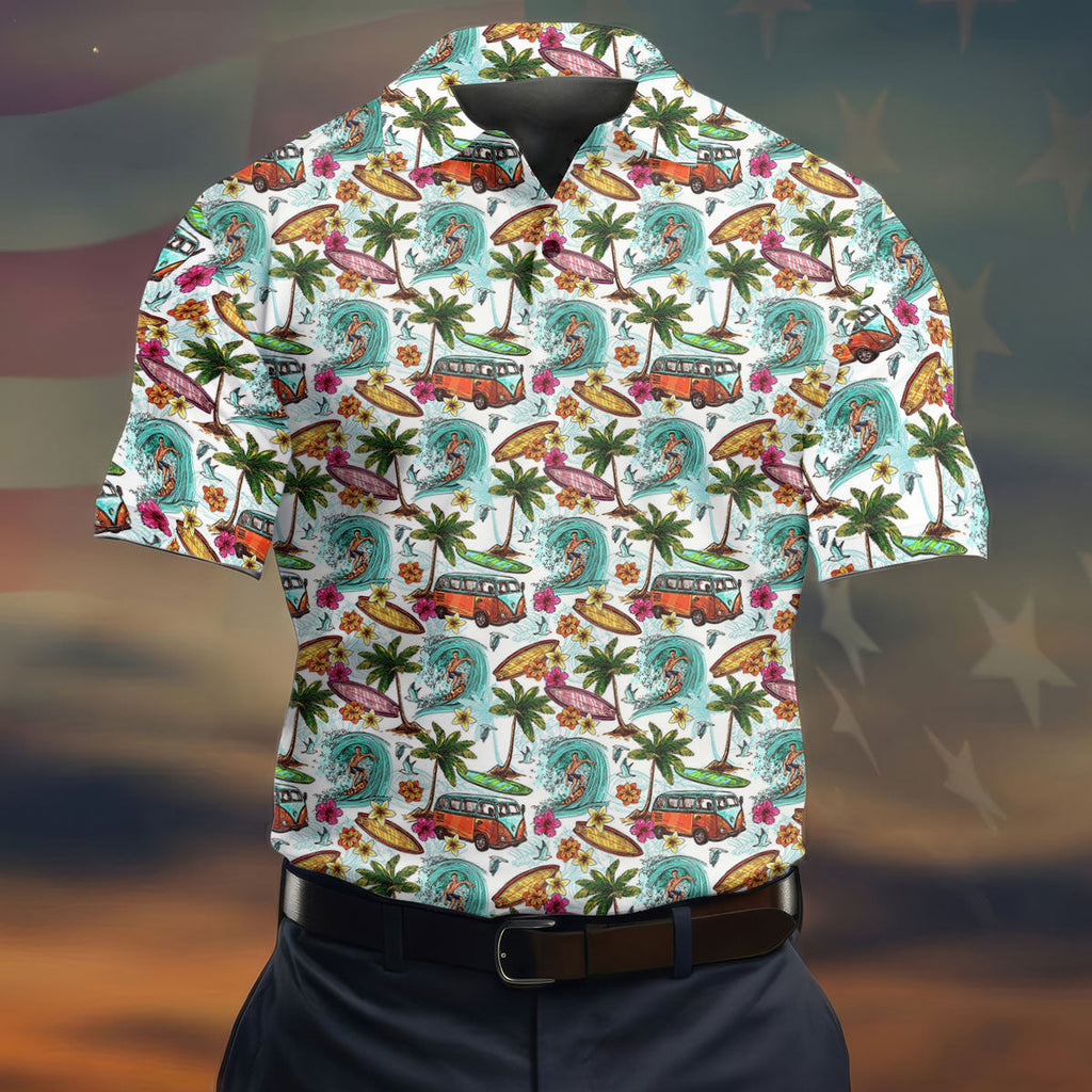 Tropical Trip Big Wave Riders Hawaiian Golf Shirt, Polo Shirts For Men, Golfing Apparel