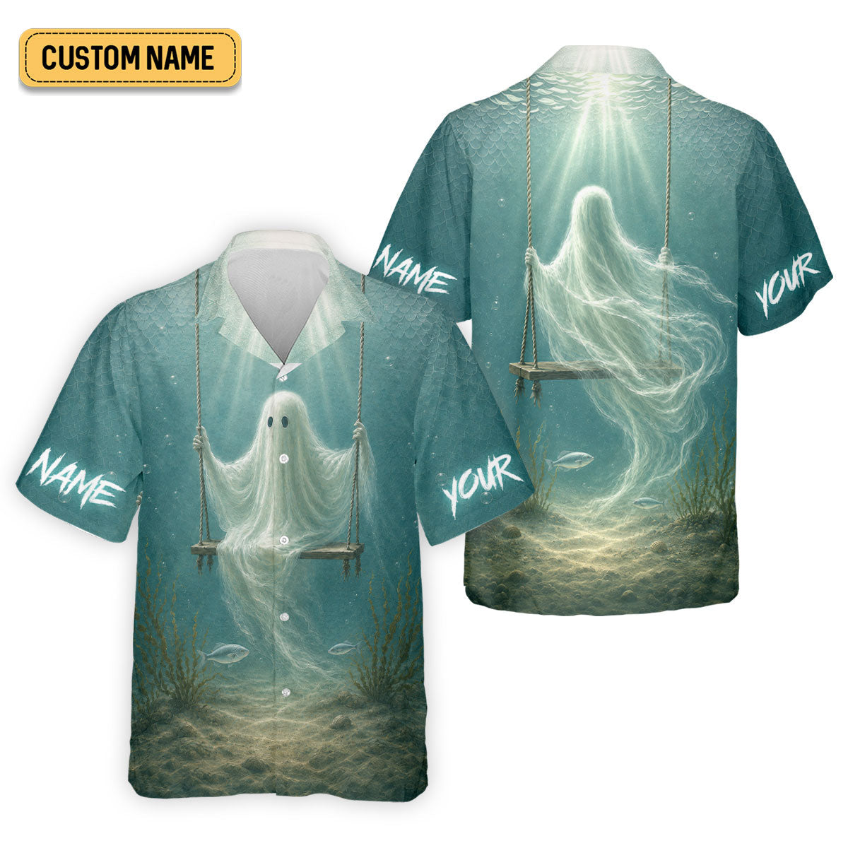 Your Name Underwater Ghost Halloween Fishing UPF Shirt, Mens Fishing Shirt, Fishing Apparel