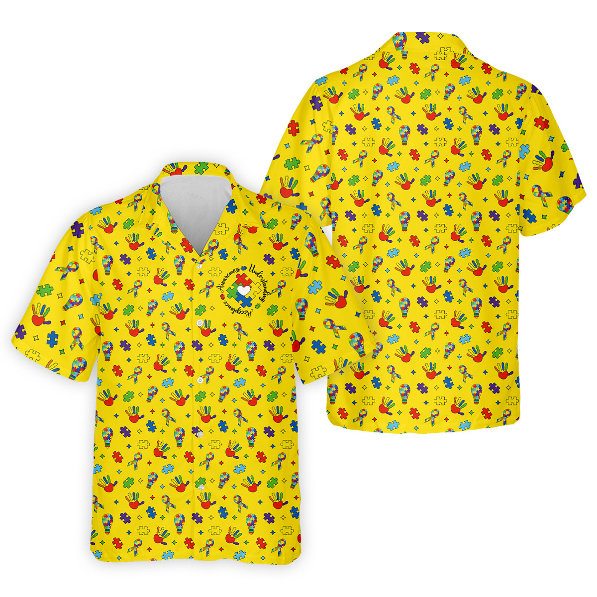 Awareness Understanding Acceptance Autism Ribbon Yellow Golf Shirt, Autism Awareness Colors Golf Shirts For Men