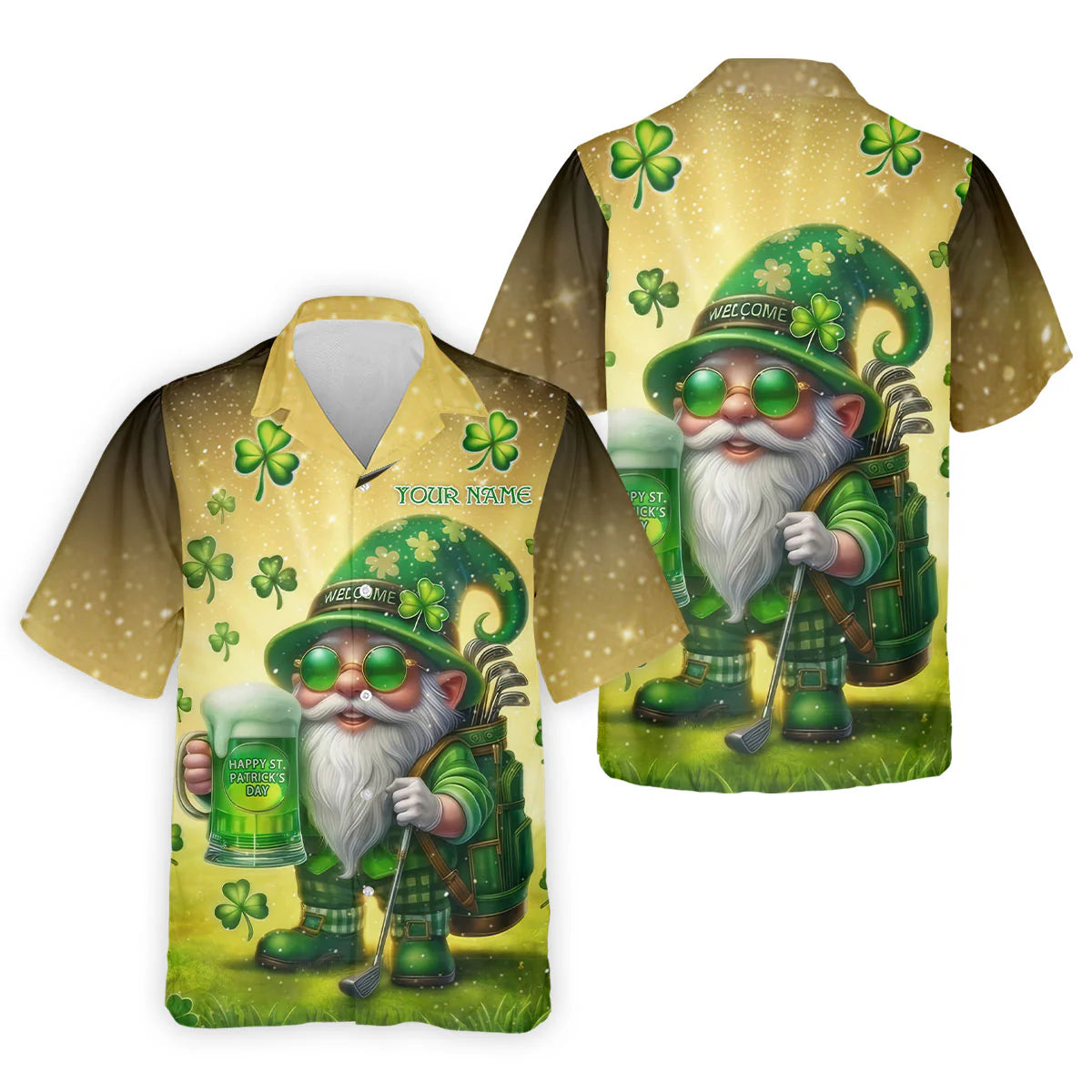 Personalized Men's Happy St Patrick's Day Shamrock Gnome Golf And Beer Shirts, Custom Name