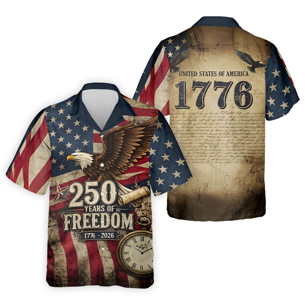 250 Years Of Freedom US Bald Eagle Retro US Flag Golf Tops For Men, Patriotic 4th Of July Golf Shirts For Men