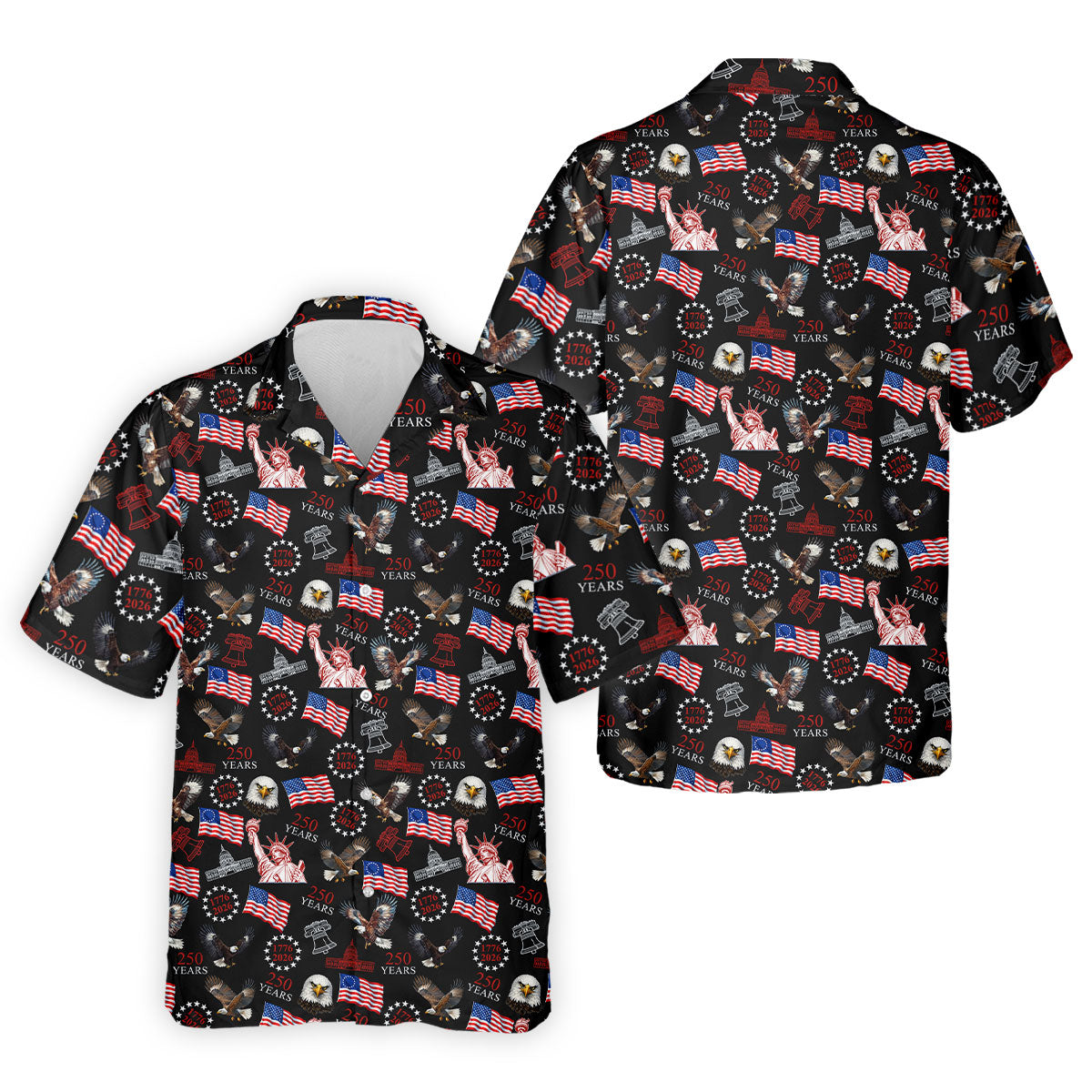 250 Years American Symbol Patriotic Pattern Black Golf Shirt, 4th Of July Golf Shirt, Golf Shirts For Men