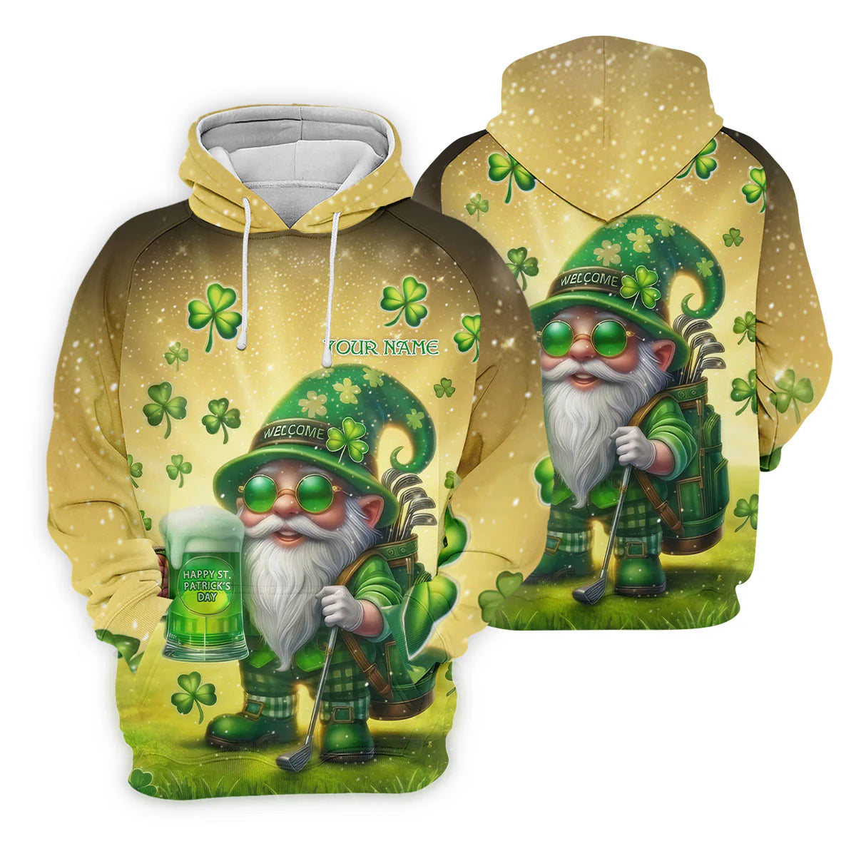 Personalized Men's Happy St Patrick's Day Shamrock Gnome Golf And Beer Shirts, Custom Name