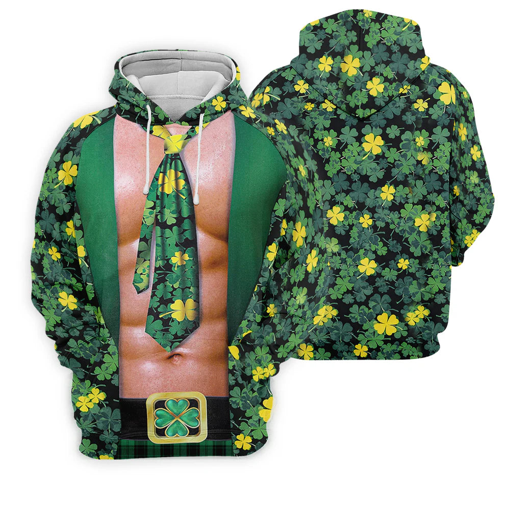 Funny St Patrick's Day Six Pack Abs Tie Shirt, Men's Lucky Shamrock Novelty Graphic Tee