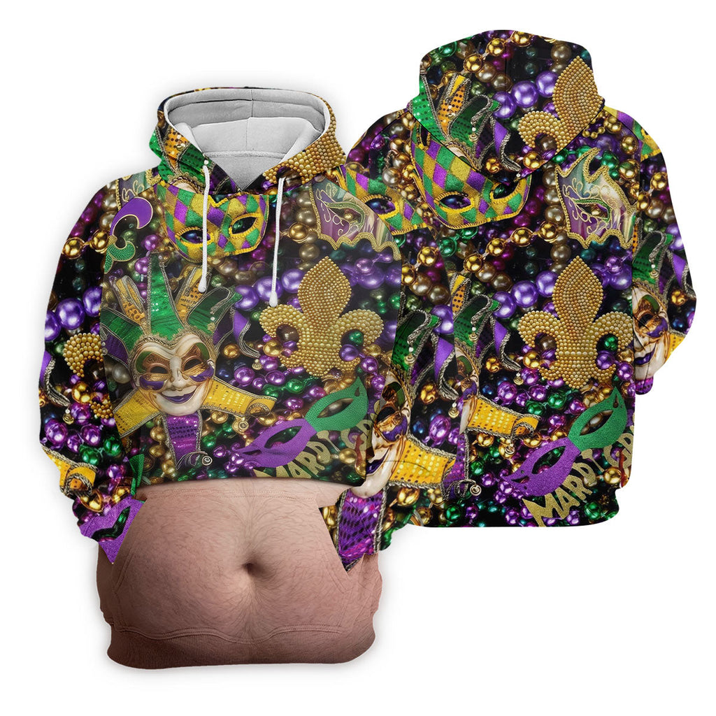 Mardi Gras Purple Green Gold Fleur De Lis Jester Mask Funny Tummy Golf Shirts For Men, Men's Funny Golf Shirts