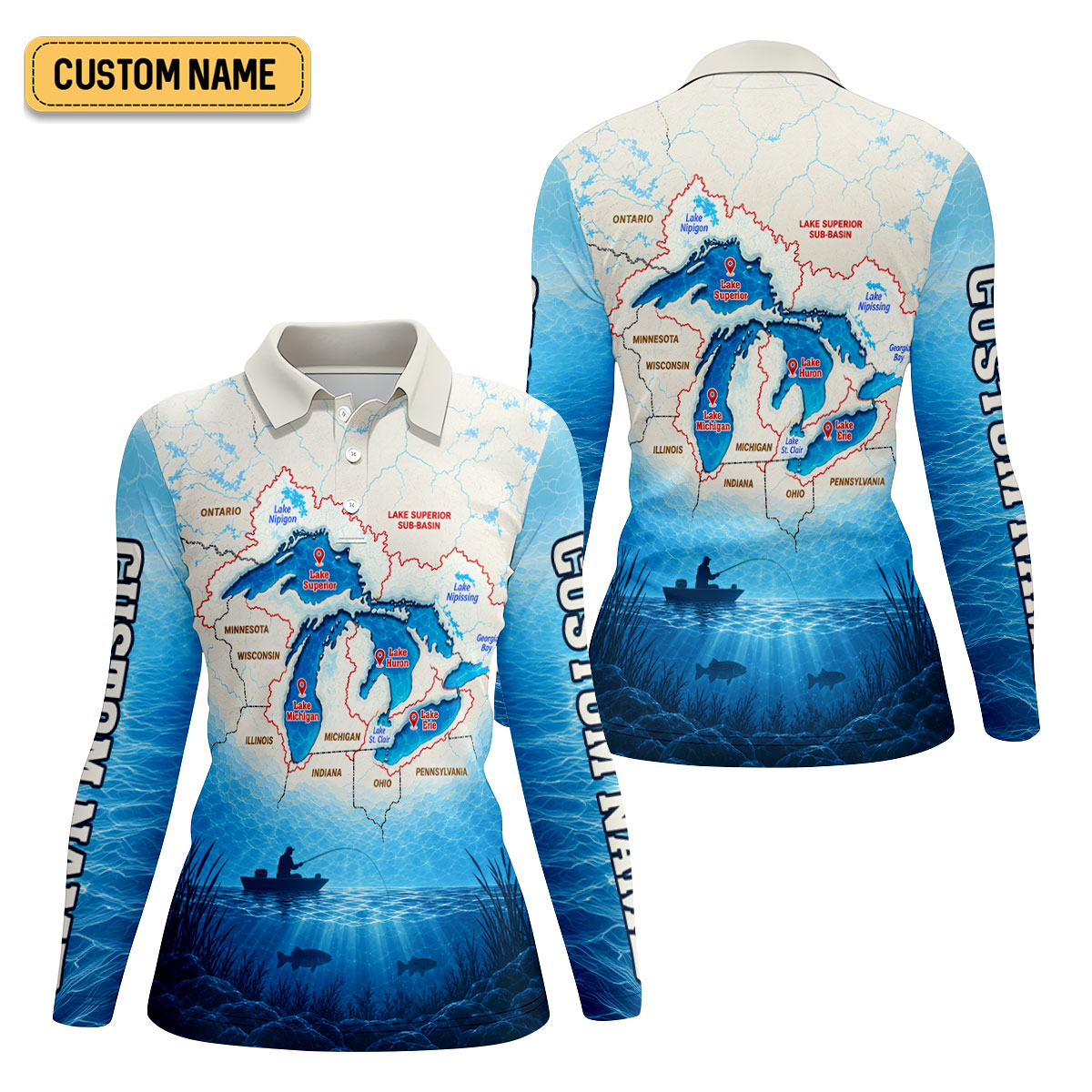 Personalized Great Lakes Fishing Map UPF Shirt, Womens Fishing Shirt, Fishing Apparel Shirt