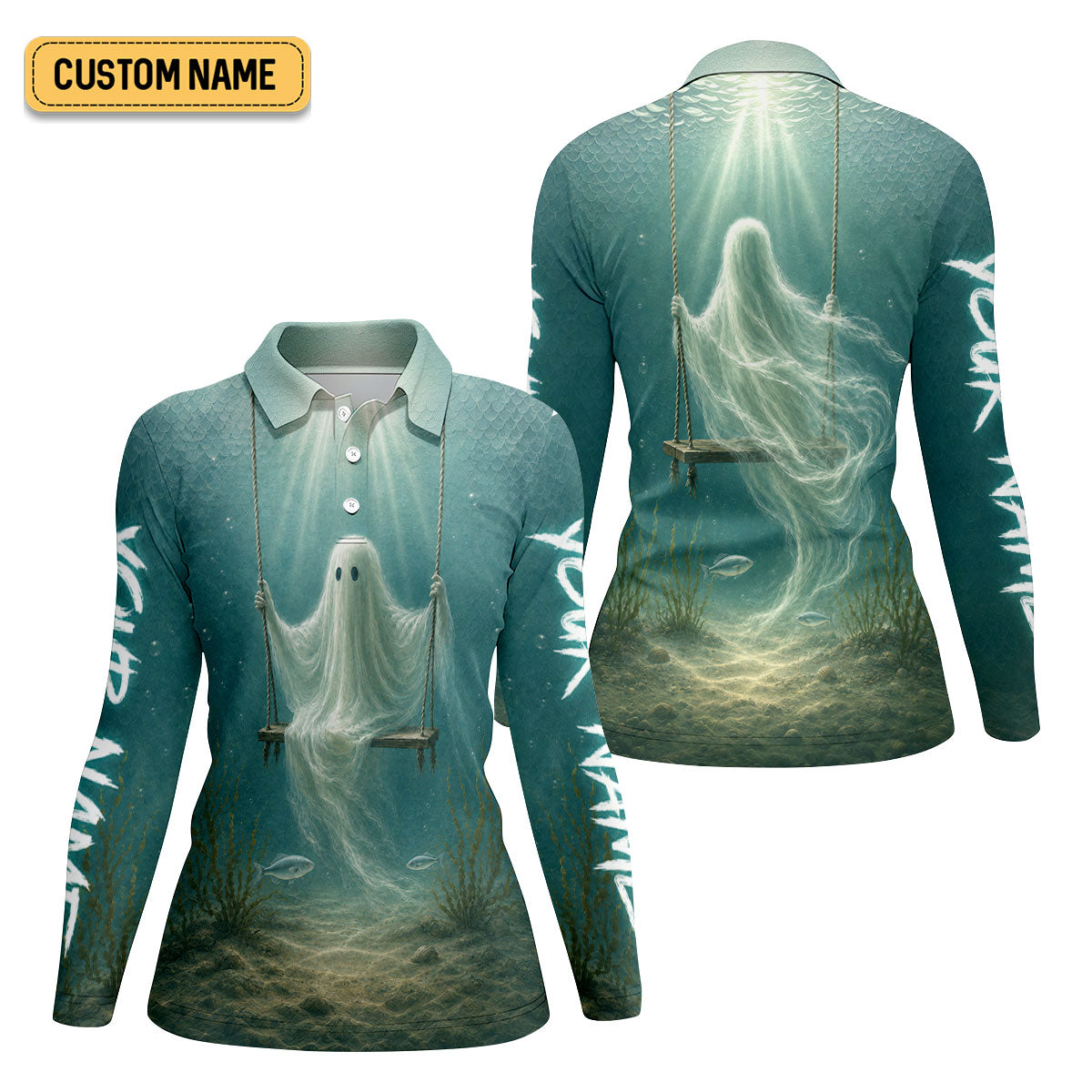 Your Name Underwater Ghost Halloween Fishing UPF Shirt, Womens Fishing Shirt, Fishing Apparel