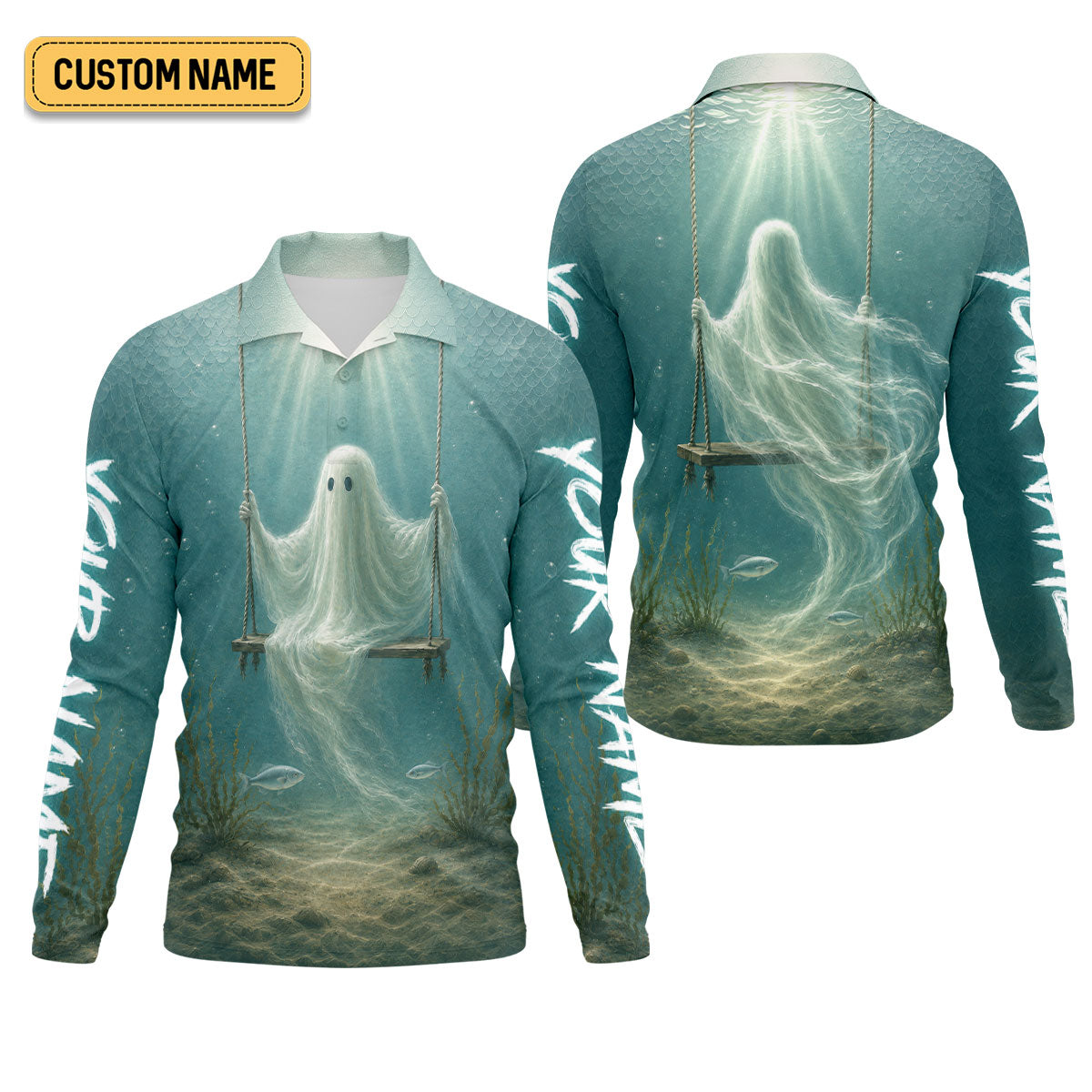 Your Name Underwater Ghost Halloween Fishing UPF Shirt, Mens Fishing Shirt, Fishing Apparel