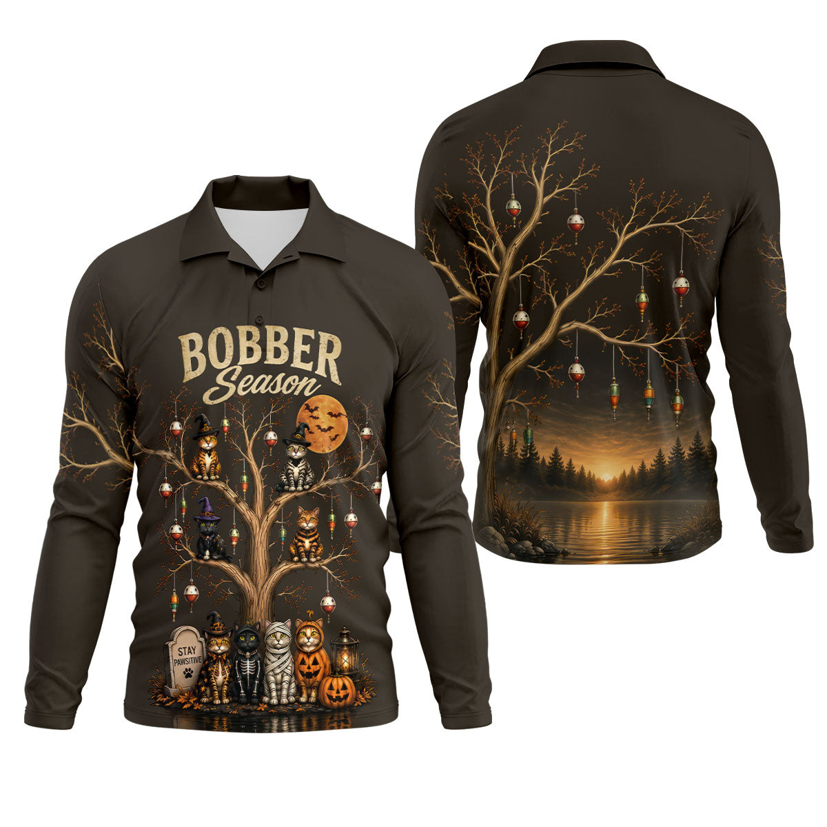 Bobber Season Halloween Cat UPF Fishing Shirt, Fishing Shirts For Men, Long Sleeve Shirt