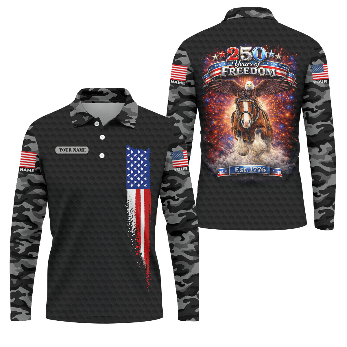 250 Years Of Freedom Black Camo Patriotic Golf Shirt, 4th Of July Golf Shirts For Men